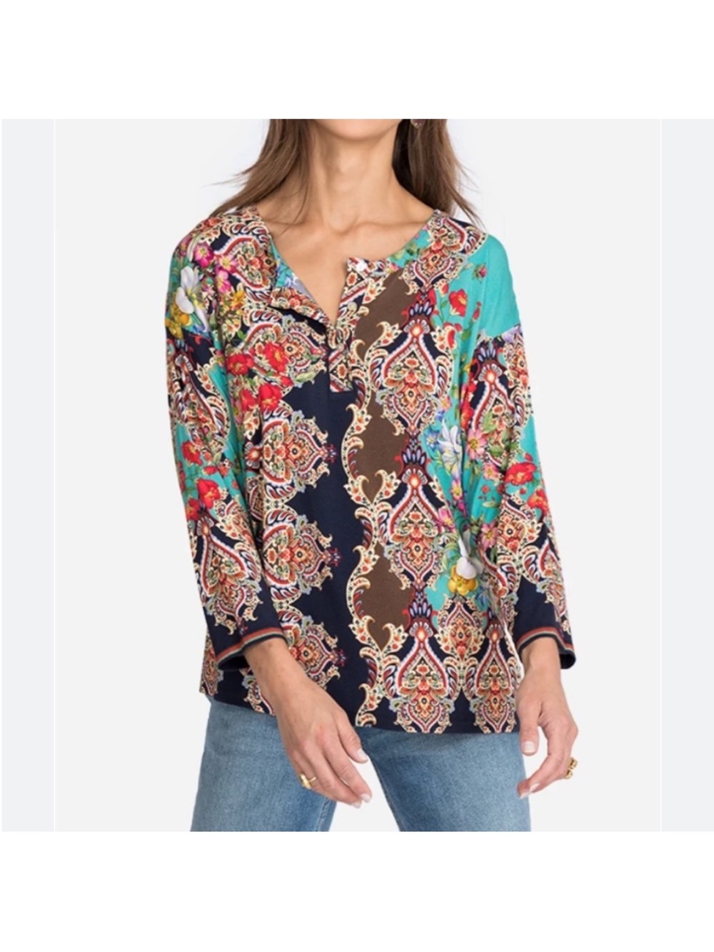 Johnny Was Women's Indi Flower Print Henley Top
